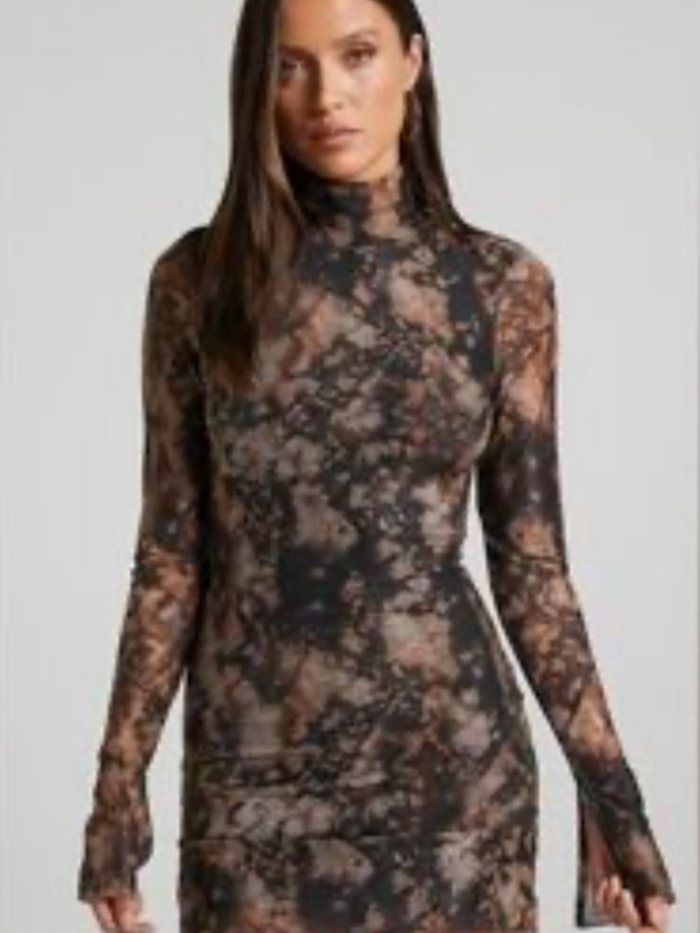 High-Neck Long-Sleeve Mini Dress in Black and Brown Marble